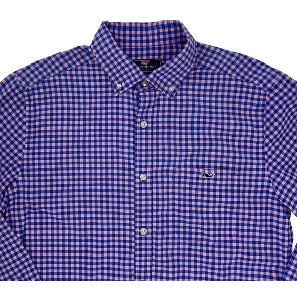 Vineyard Vines Men's Performance Classic Fit Tucker Shirt Medium Pink/Blue Check - Picture 3 of 12